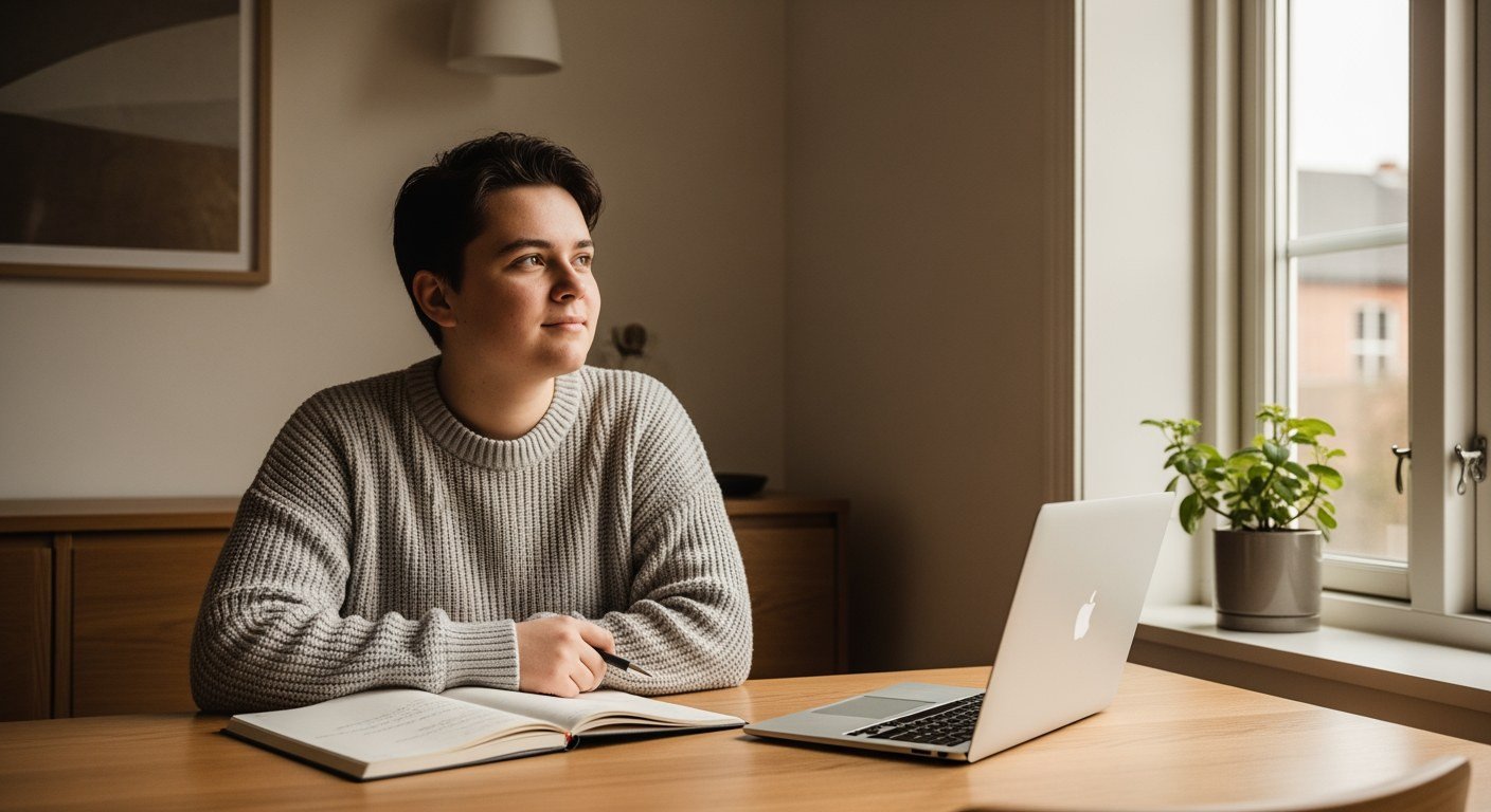 Studiekeuze– nadenken over je studierichting Jongere denkt rustig na over zijn studiekeuze aan een houten tafel, met notitieboek en laptop bij het raam